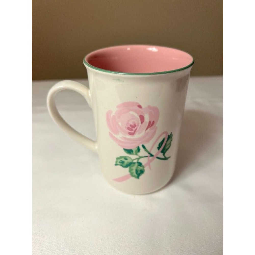 Breast Cancer Awareness Rose Mug from Avon Pink‎ inside, Rose on both sides.